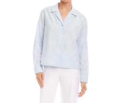 Karen Kane Long Sleeve Embellished Button-up Shirt In Off White And Blue In Multi