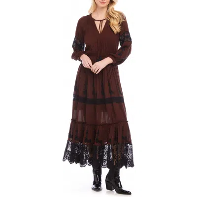 Karen Kane Long Sleeve Embroidered Lace Maxi Dress In Brown With Black