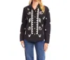 Karen Kane Long Sleeve Embroidered Shirt In Black With Tan In Multi