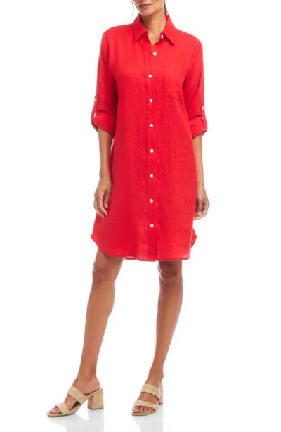 Karen Kane Long Sleeve Linen Shirtdress In Red