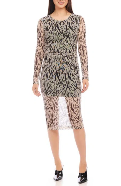 Karen Kane Long Sleeve Mesh Midi Dress In Tan W/black