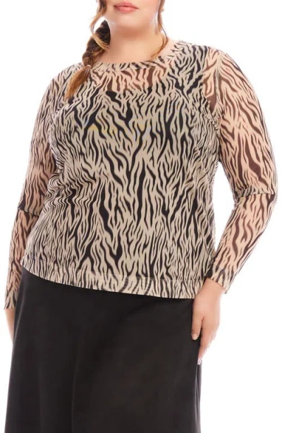 Karen Kane Long Sleeve Mesh Top In Tan/black