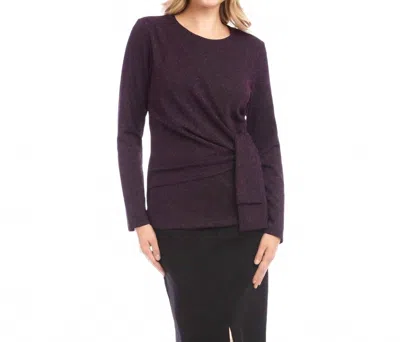Karen Kane Long Sleeve Metallic Knit Side Tie Top In Eggplant In Brown