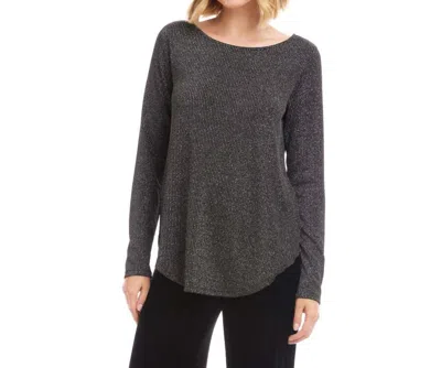 Karen Kane Long Sleeve Metallic Stripe Shirttail Top - Petite In Black With Silver In Gray