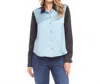 Karen Kane Long Sleeve Satin Colorblock Shirt In Glacier With Black In Multi