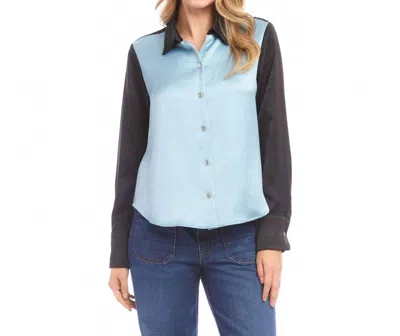 KAREN KANE LONG SLEEVE SATIN COLORBLOCK SHIRT IN GLACIER WITH BLACK