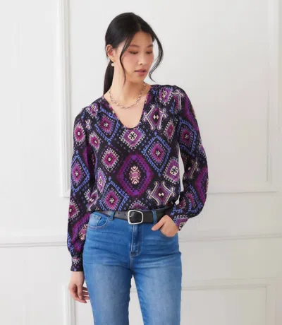 Karen Kane Long Sleeve Shirred Blouse In Printed In Purple