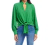 Karen Kane Long Sleeve Tie-front Top In Green In Animal Print