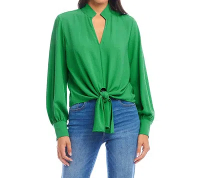Karen Kane Long Sleeve Tie-front Top In Green In Animal Print