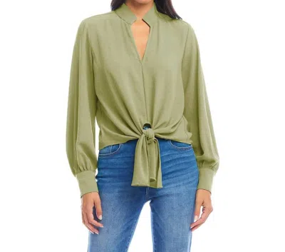 Karen Kane Long Sleeve Tie-front Top In Moss In Green
