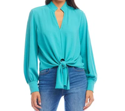 Karen Kane Long Sleeve Tie-front Top In Turquoise In Blue
