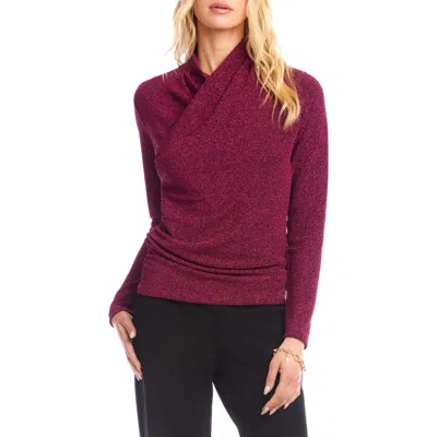 Karen Kane Metallic Knit Crossover Neck Top In Brown