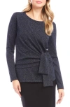 Karen Kane Metallic Knit Side Drape Long Sleeve Top In Blue