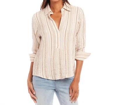 Karen Kane Metallic Ruched Sleeve Shirt In Stripe In Neutral