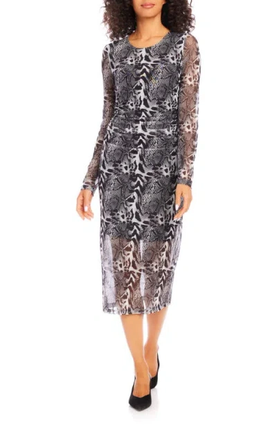 Karen Kane Mixed Animal Print Long Sleeve Mesh Midi Dress