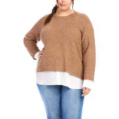 Karen Kane Plus Size Layered Crewneck Sweater In Wheat In Brown