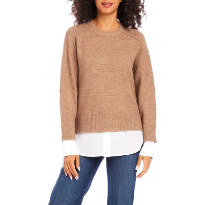 Karen Kane Mixed Media Layered Crewneck Sweater In Brown