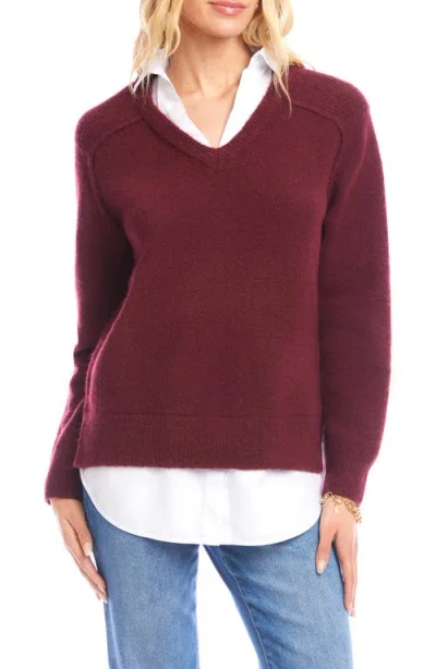 Karen Kane Mixed Media Layered Sweater In Burgundy