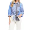 Karen Kane Blouson Sleeve Mixed Stripe Tie-front Top In Blue