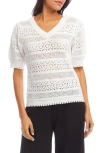 Karen Kane Open Stitch Short Sleeve Cotton Sweater In White