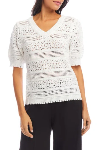 Karen Kane Open Stitch Short Sleeve Cotton Sweater In White