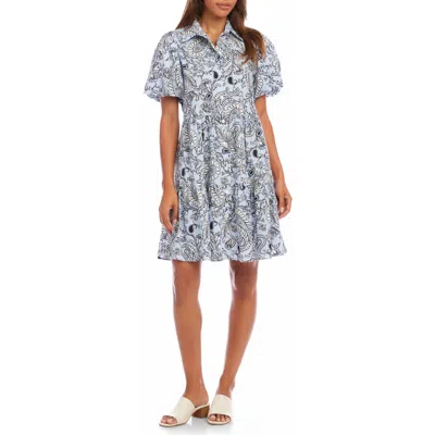 Karen Kane Paisley Tiered Cotton Shirtdress In Blue