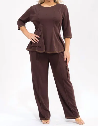 Karen Kane Peplum Top And Straight Cargo Pants Set In Brown In Burgundy
