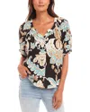 Karen Kane Short Puff Sleeve Button Front Peasant Top In Floral Print In Print
