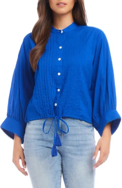 Karen Kane Pintuck Pleat Cotton Button-up Top In Blue