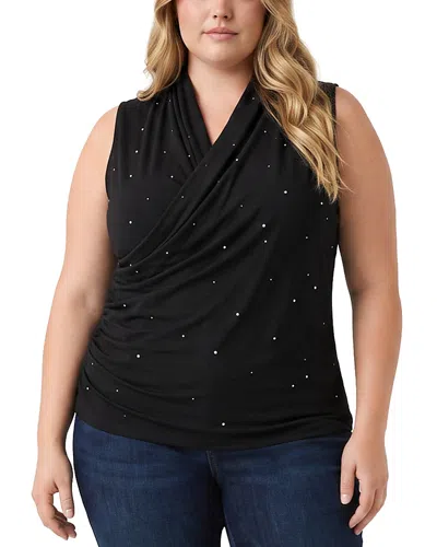 Karen Kane Plus Embellished Crossover Shirred Top In Black