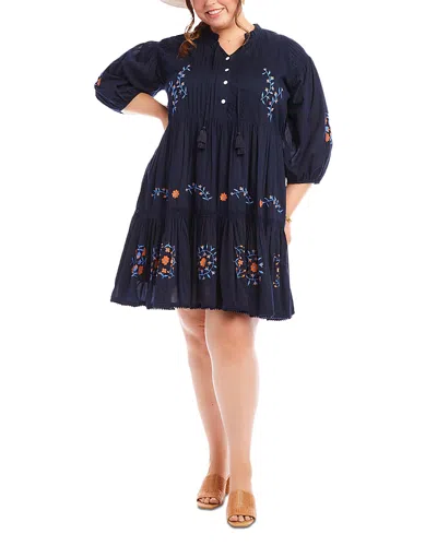Karen Kane Plus Embroidered Lace Trim Dress In Navy
