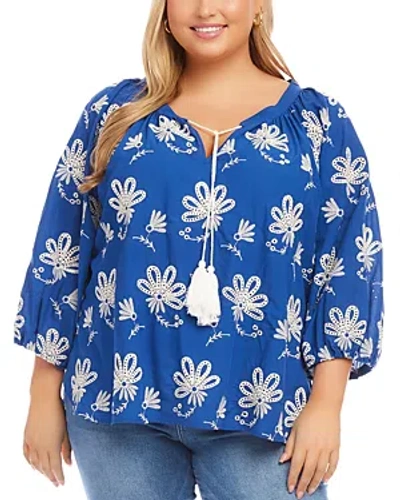 Karen Kane Plus Embroidered Tassel Top In Royal