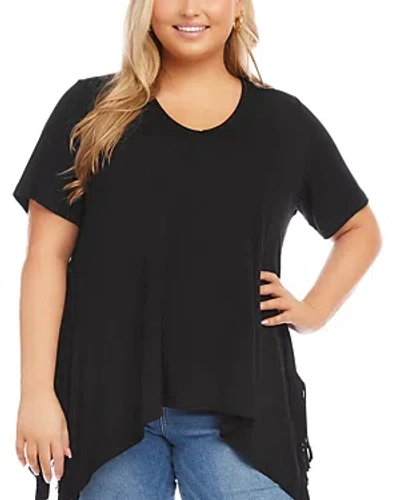 Karen Kane Plus Short Sleeve Fringe Top In Black