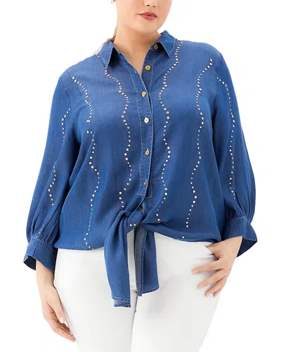 Karen Kane Plus Size Blouson Sleeve Gemstone Denim Shirt In Blue