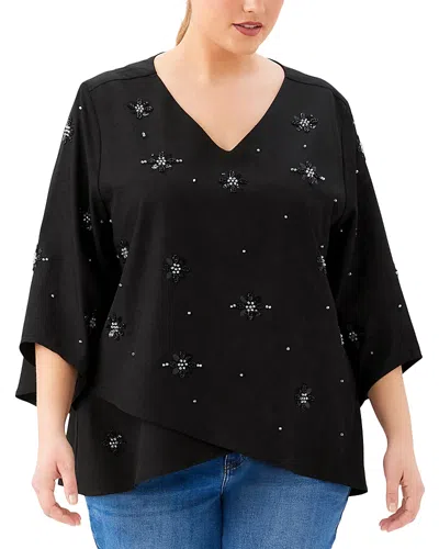 Karen Kane Plus Size Bracelet Sleeve Embellished Asymmetric Top In Brown