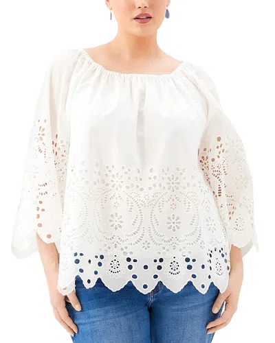 Karen Kane Plus Size Cutout Embroidery Flare Sleeve Peasant Top In White