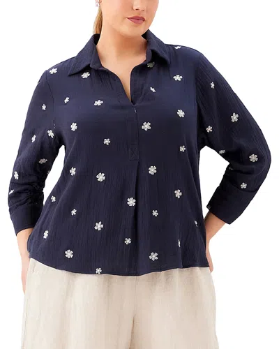 Karen Kane Plus Size Embroidered Ruched Sleeve Shirt In Blue