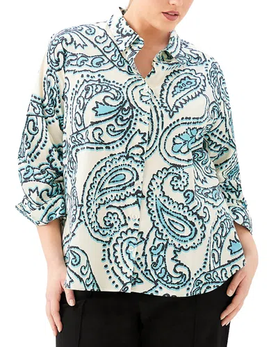 Karen Kane Plus Size Ruched Sleeve Button Up Shirt In Blue