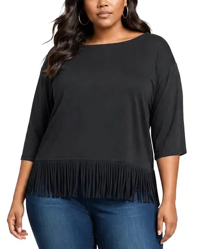 Karen Kane Plus Size Three Quarter Sleeve Fringe Trim Boat Neck Top In Black