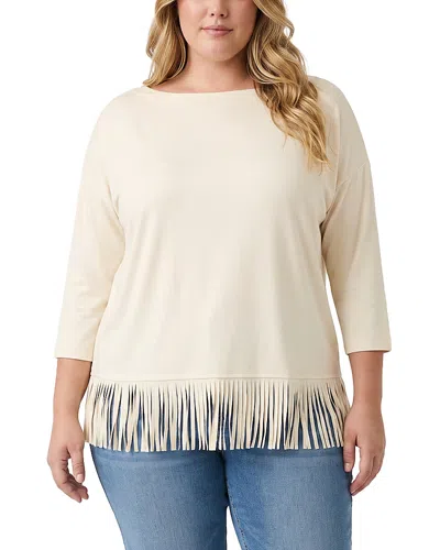 Karen Kane Plus Size Three Quarter Sleeve Fringe Trim Boat Neck Top In Neutral