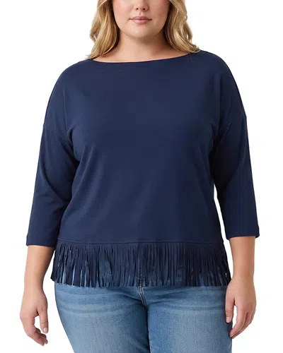Karen Kane Plus Size Three Quarter Sleeve Fringe Trim Boat Neck Top In Blue
