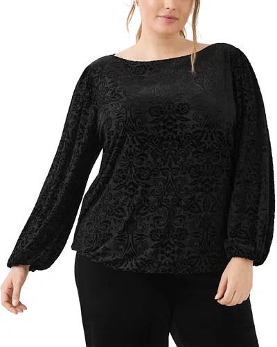 Karen Kane Plus Size Velvet Burnout Boat Neck Blouson Sleeve Top In Black
