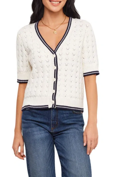 Karen Kane Pointelle Cotton Blend Short Sleeve Cardigan In White