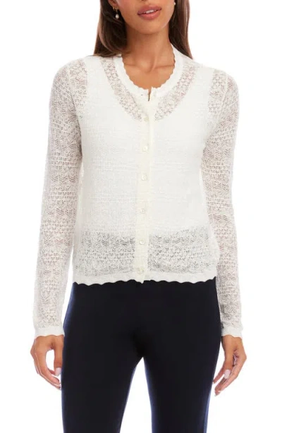Karen Kane Pointelle Stitch Cotton Blend Cardigan In White