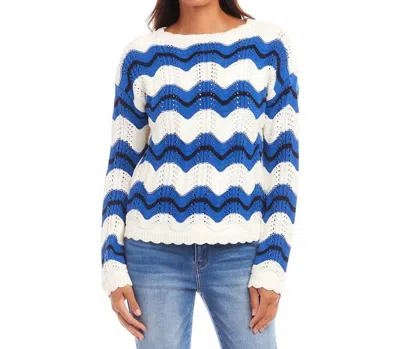 Karen Kane Zigzag Pointelle Stitch Cotton Blend Sweater In Blue