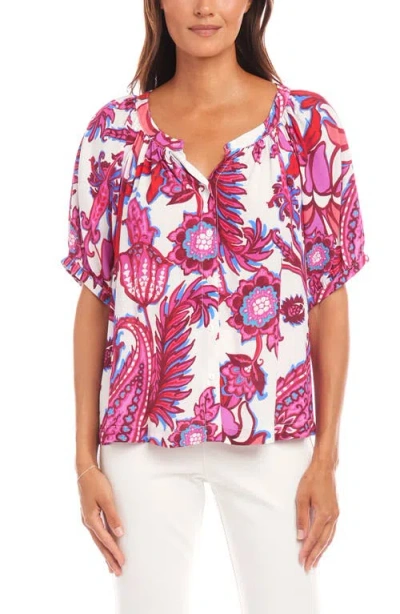 Karen Kane Print Peasant Top In Pink Multi