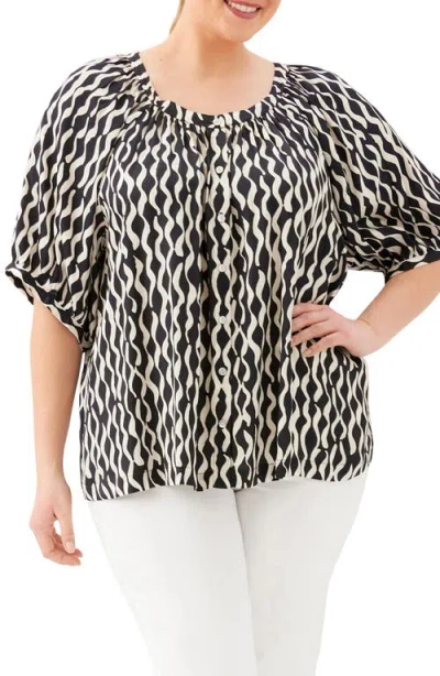 Karen Kane Print Satin Button-up Peasant Top In Animal Print