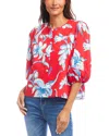Karen Kane Floral Print Puff Sleeve Cotton Button-up Shirt