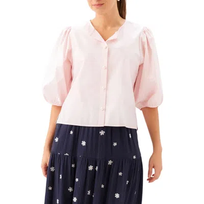 Karen Kane Puff Sleeve Faux Pearl Button Cotton Shirt In Multi