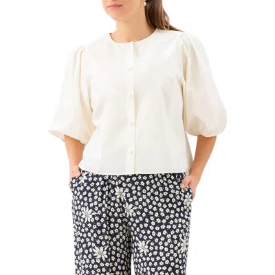 Karen Kane Puff Sleeve Faux Pearl Button Cotton Shirt In Neutral